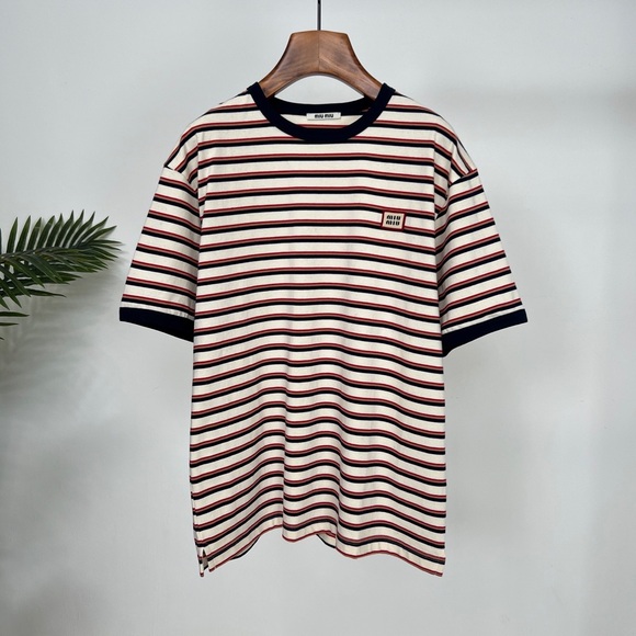 Miu Miu Striped Short Sleeve Tee - Red, Black, White - Picture 1 of 6